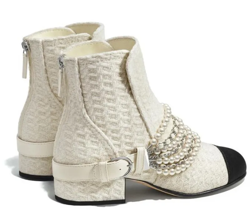 Зимние женские ботинки на среднем каблуке с жемчугом разных цветов Брендовые