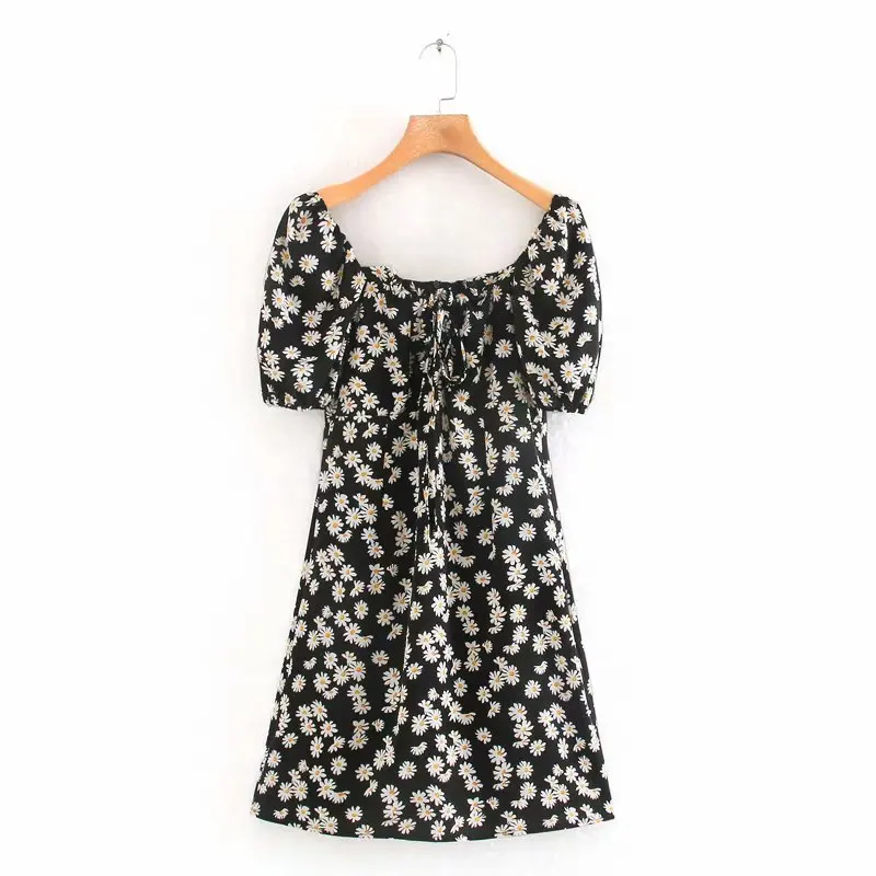 

JC·KILIG 2021 Square Neck Lace Up Daisy Print Bubble Sleeve Dress DP9277