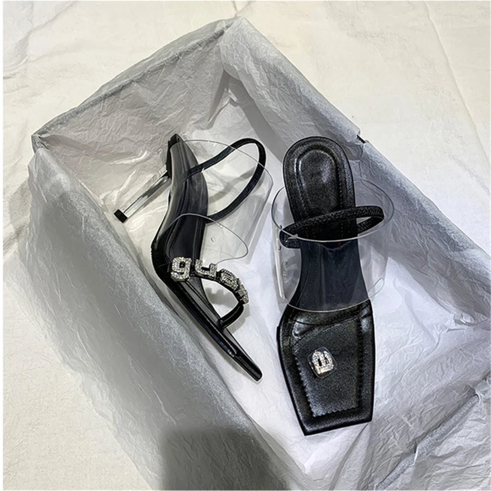 

Sexy Crystal Open Toe Sandals For Girls Women Metal Thin High Heel Square Toe PVC Transparent Runway Shoes Woman Summer