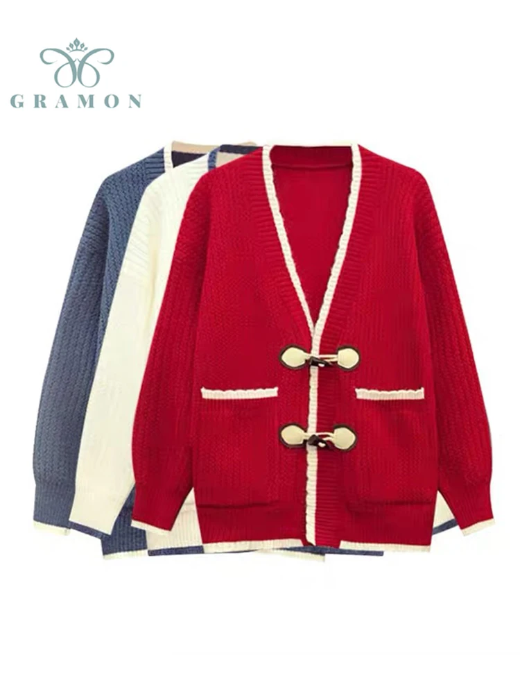 

Knitted Cardigan Sueters Woman Fall Winter New Fashion Oversize Long Sleeve Solid Color V-neck Tops Loose Christmas Lady Sweater