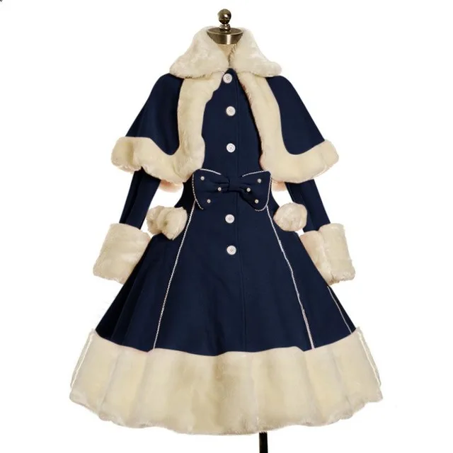 

Vintage Lolita Dress Suit Women Winter Fur Collar Shawl & Bow Fitted Gothic Dress Warm Thick Cute Single-breasted Long Sleeves
