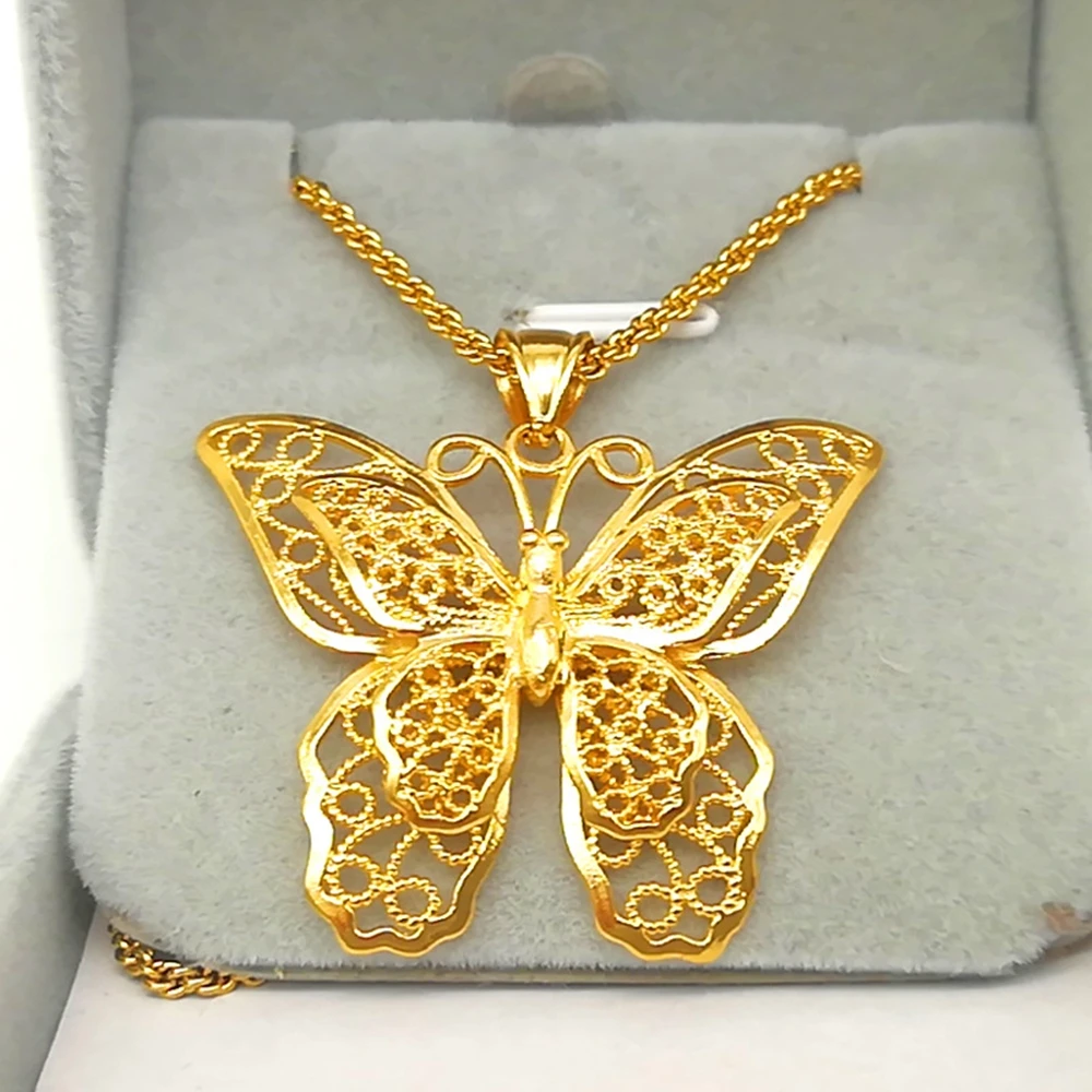 

Hollow Butterfly Women Pendant Chain Necklace 18K Gold Color Filigree Big Jewelry Gift