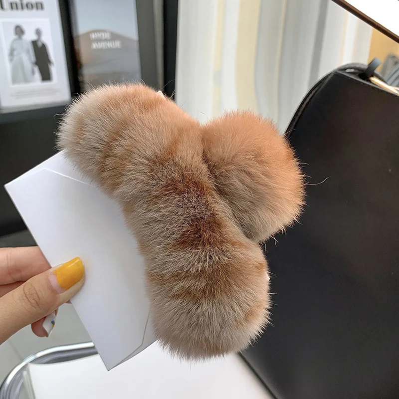 

Luxury Fur Rex Rabbit Large Barrette Crab Hair Claws Women Large Size Hair Clamps Claw Clip Crab Chic Hair Accessories Gift