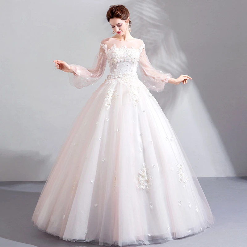 Свадебные платья с кружевной аппликацией и длинными рукавами-фонариками