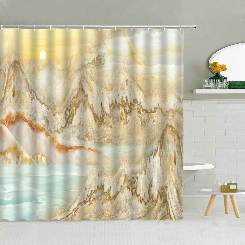

Marble Grain Texture Shower Curtain Chinese Landscape Painting Great Wall Elk Flower Sunrise Bathroom Decor Fabric Curtains Set