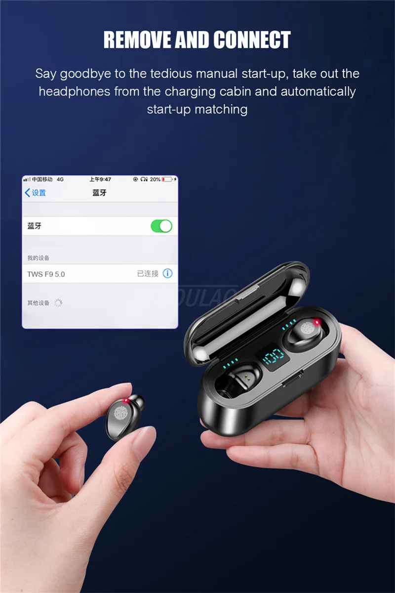 F9 TWS Bluetooth earphone LED Display Wireless headphones Touch Control Bluetooth wireless earphones With 2000mAh Power Bank