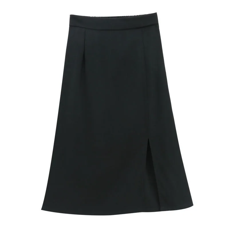 

Fashion High-waist Side-split Midi Skirt Skirts Women Black Ladies Stretchy Body-con A-line Vintage Elegant All-match Simple New