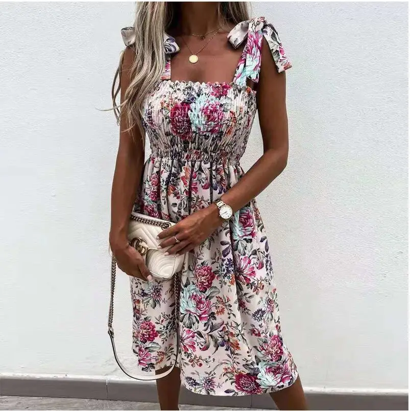 

Women Vintage Lace-up Sling Beach Dress Nice Fashion Sexy Slash Neck Sleeveless Lady Summer Dress Elegant Polka Dot Party Dress