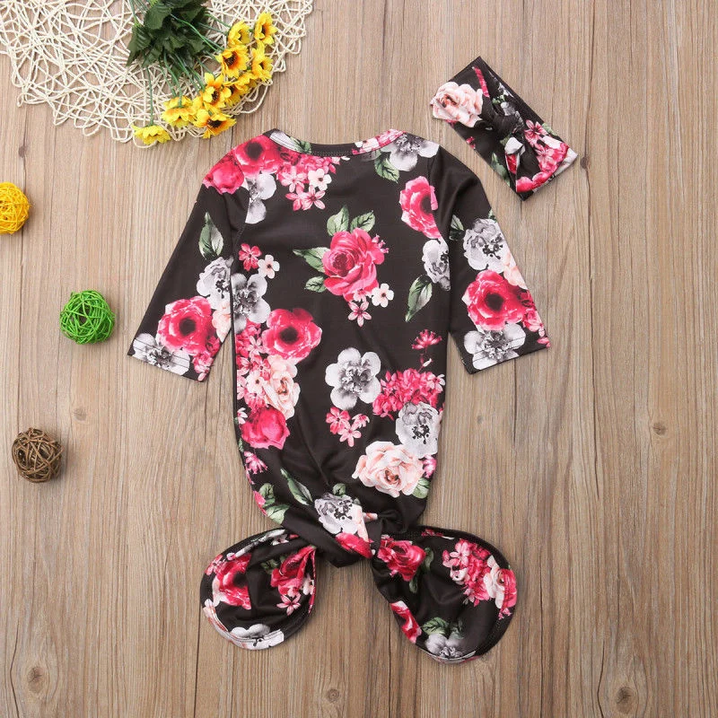 AA Cute Newborn Baby Girl Clothes Toddler Girls Long Sleeve Rompers Jumpsuit Sleep Wear Romper+Headband Baby Floral Clothes 0-6M