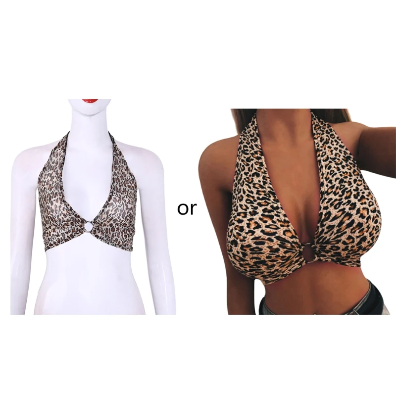 Womens Sexy Plunging Deep V-Neck Bralette Halter Wide Strap Leopard Backless Crop Top Metal Ring Ruched Push Up Bustier Clubwear
