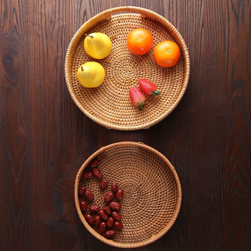 

Rattan Snack Storage Tray Round Basket Hand Woven Decor Bread Fruit Food Display 203F