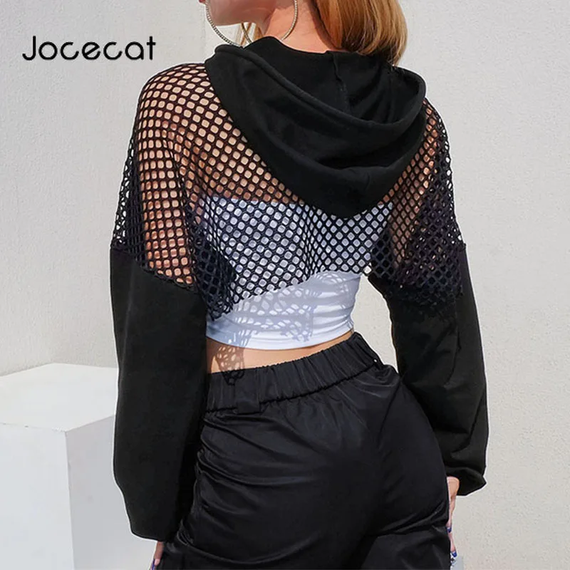 Женский укороченный Топ с длинным рукавом черная сетчатая Толстовка в стиле хип