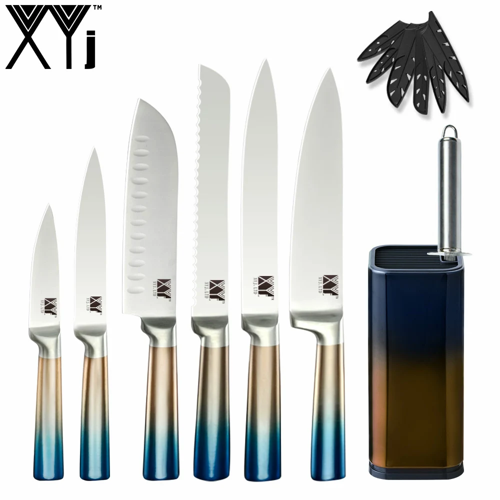 F. 8 PCS Set XYj шеф-повара из нержавеющей стали 8 комплект ножей 8 ''Держатель ножей острое лезвие градиентная цветная ручка Santoku утилита для нарезки хлеба - Цвет: F. 8 PCS Set