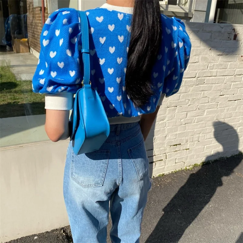 

Retro Knit Cardigan 2021 Korean Kawaii Sweet Heart Embroidery Summer Thin Crop Cardigans Office Lady Sweet Girls Shirts Tops