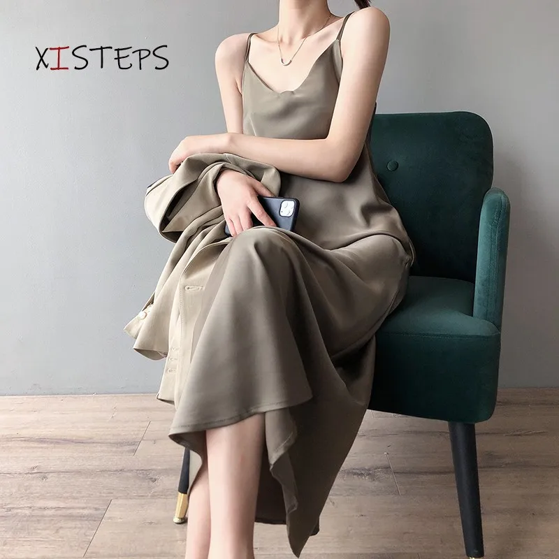 

Elegant Satin Suspender Dress Women Summer Long Bottoming Dresses 2021 Summer Female Vestido Mujer Beach Dress Sexy Tank Dress