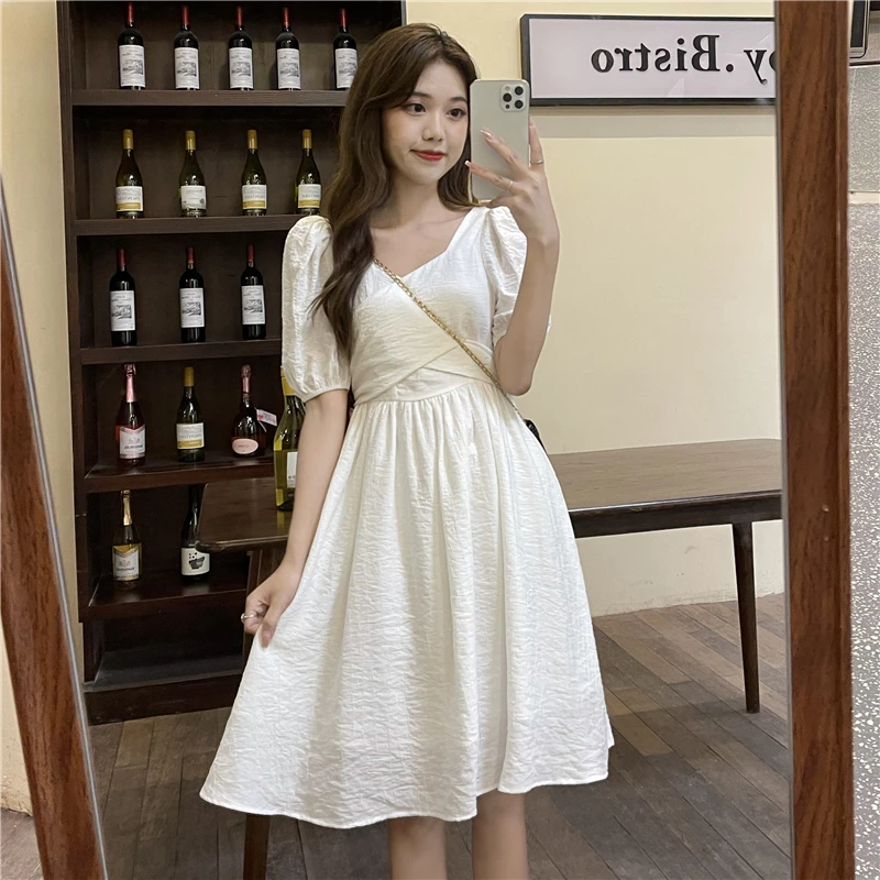 

Summer Light Elegant Dresses Women 2021 Slim Korean Style Chic Casual One-piece Dress Solid Puff Sleeve Fashion Beach Clothing