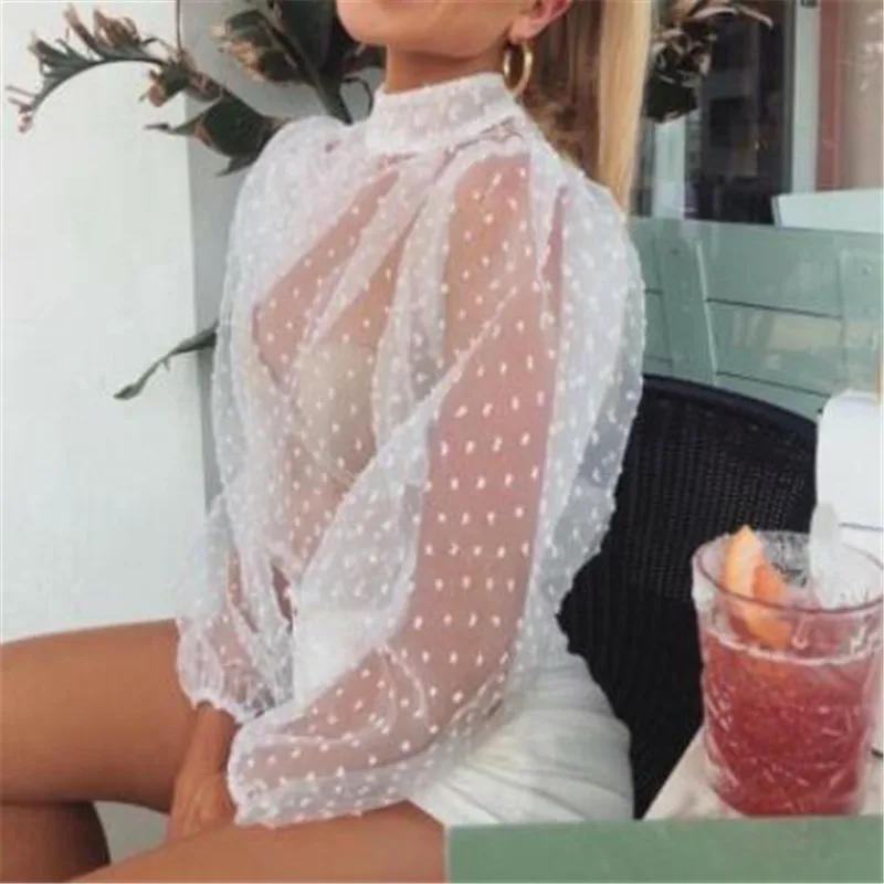 Прозрачные сетчатые свободные блузки новая мода прозрачные в горошек с пышными