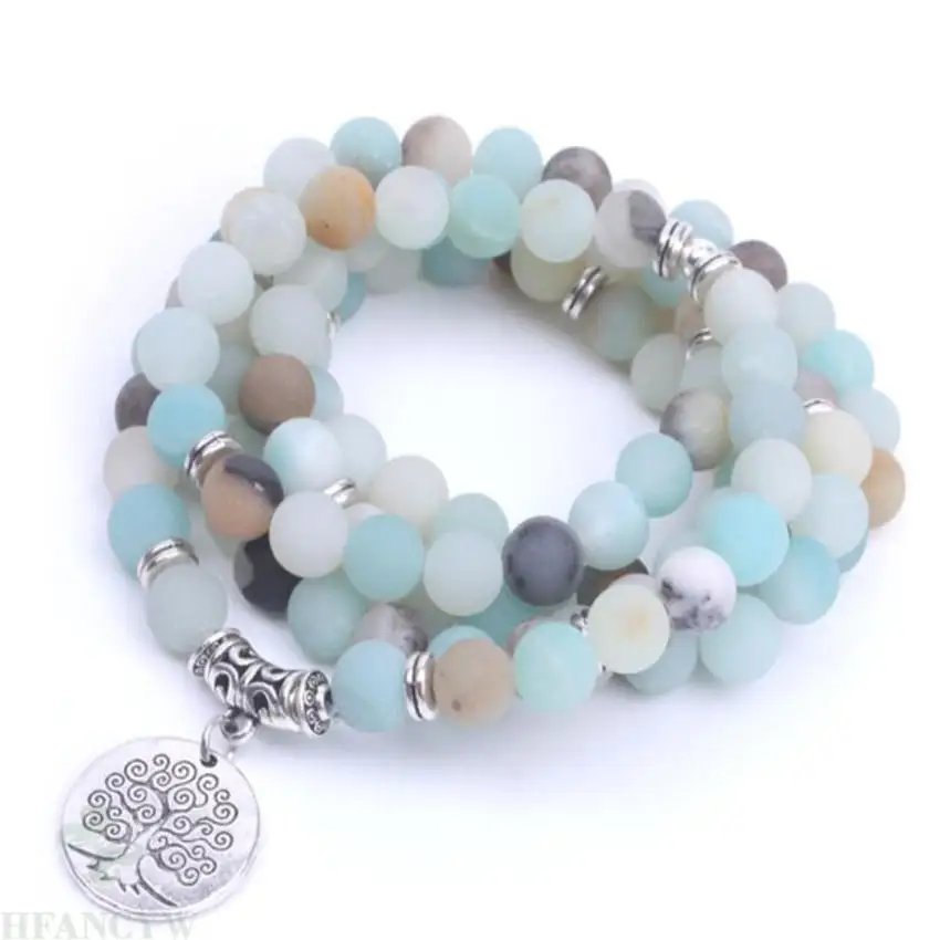 

8mm 108 Frosted stone Amazonite beads Charm mala Bracelet Meditation Hot pray mala Wristband Handmade Lucky Fancy Bless Tassel