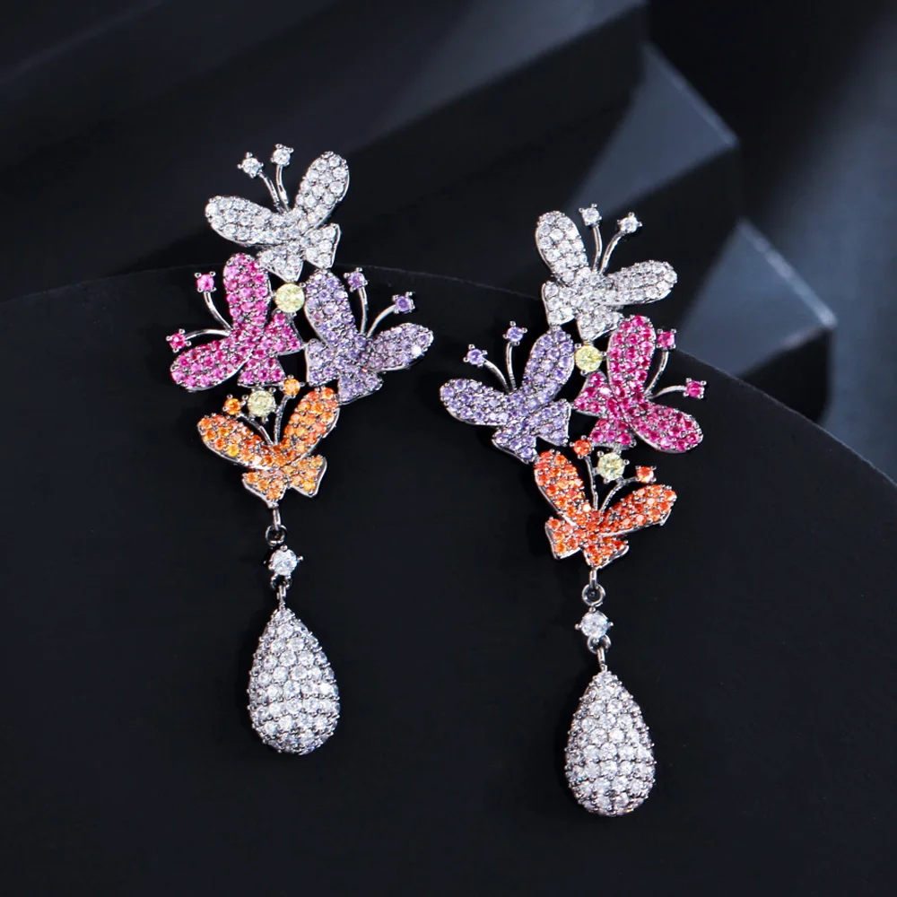 

CWWZircons Elegant Designer Micro Pave Cubic Zirconia Stones Purple Red Long Butterfly Drop Earrings for Women Engagement CZ970