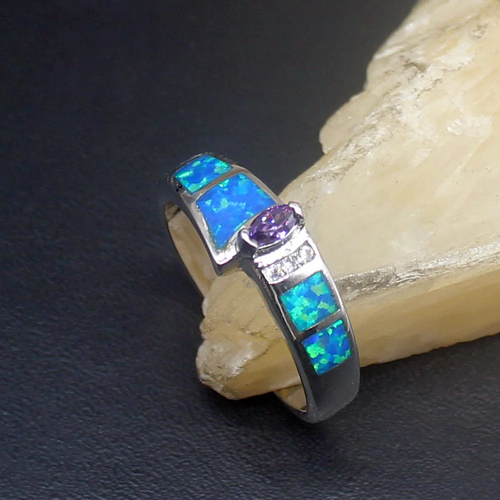 Gemstonefactory Jewelry Big Promotion Single Unique 925 Silver Blue Opal Amethyst Women Gifts Band Rings 8.5# 20214479