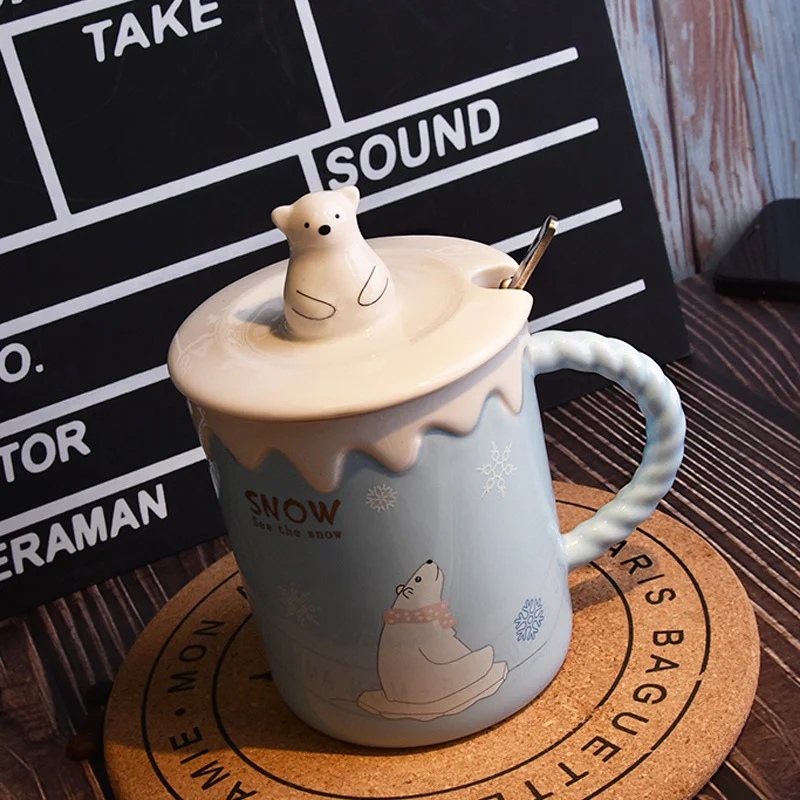 

Cute Cartoon Ceramic Mug Coffee Cup with Lid Spoon Student Couple Water Mugs Breakfast Oatmeal Cup Family Funny Porcelain Cups