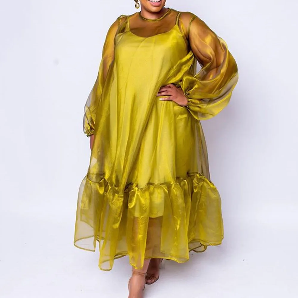 Vestido de fiesta largo de malla transparente para mujer, nuevo diseño, Sexy, amarillo, de talla grande, para verano y noche, 2021