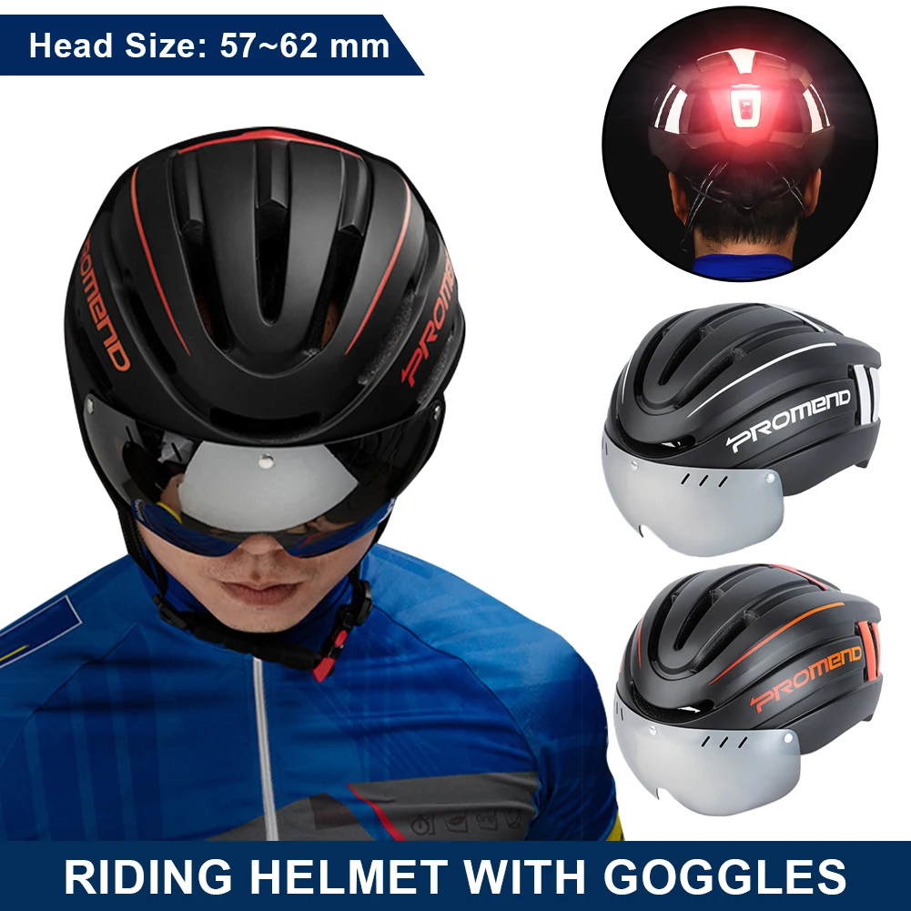 

2021 Bicycle Helmet with LED Tail Light Detachable Anti-Glare Goggles Breathable Washable Lining MTB Ventilated Cycling Helmet