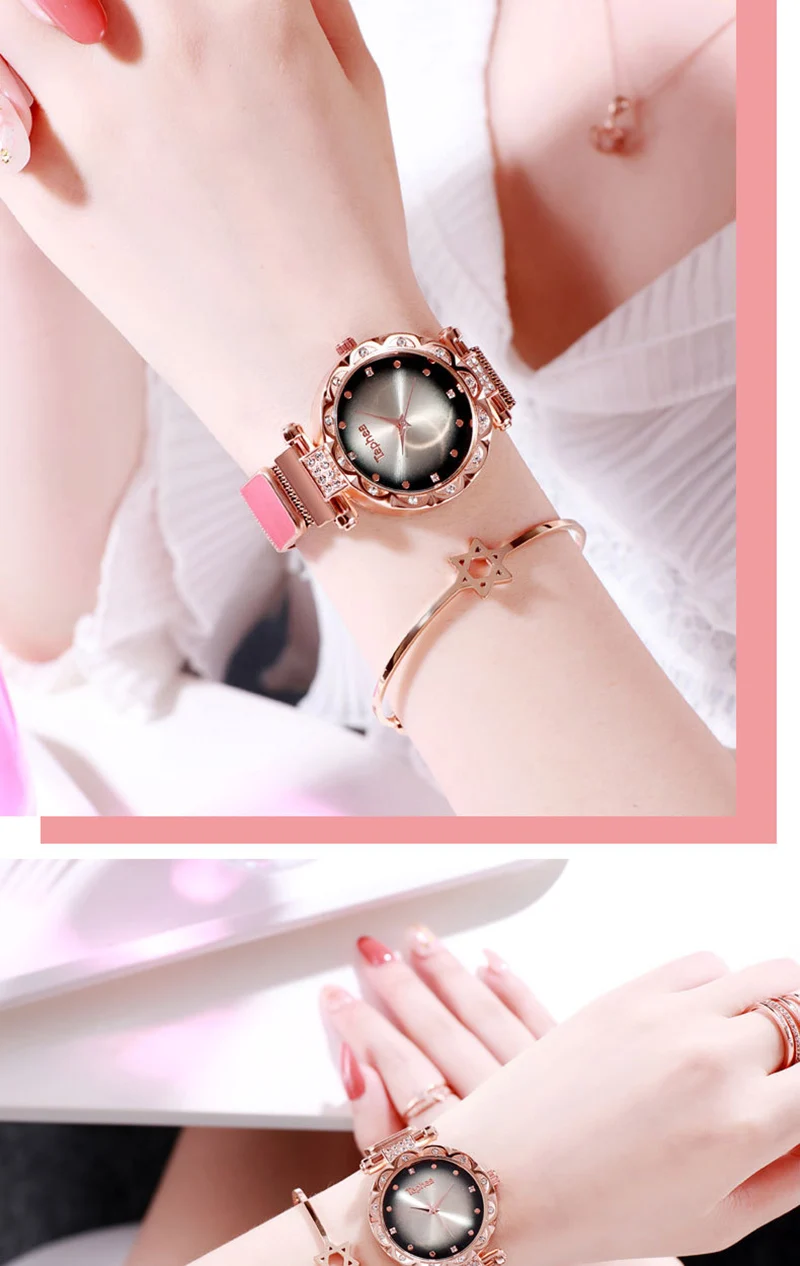 Women Watches Luxury Rose Gold Ladies Wrist Watches Starry Sky Magnetic Watch Mesh Strap Waterproof Clock relogio feminino xfcs