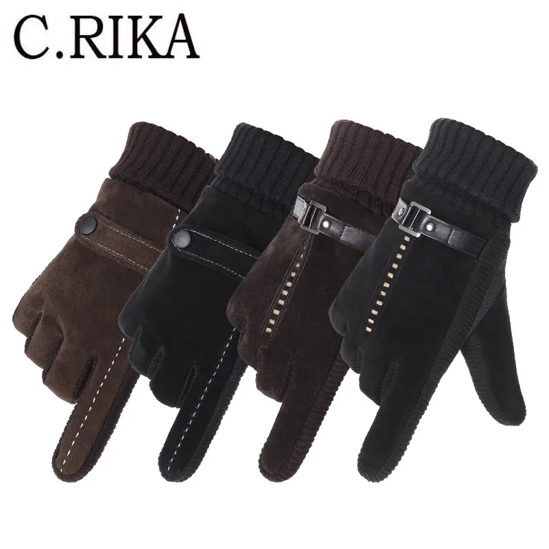 

Autumn Winter Genuine Leather Gloves Men Fashion Thick Warm Velvet Mittens Outdoor Cycling Five Finger Touch Screen Wrist Gloves