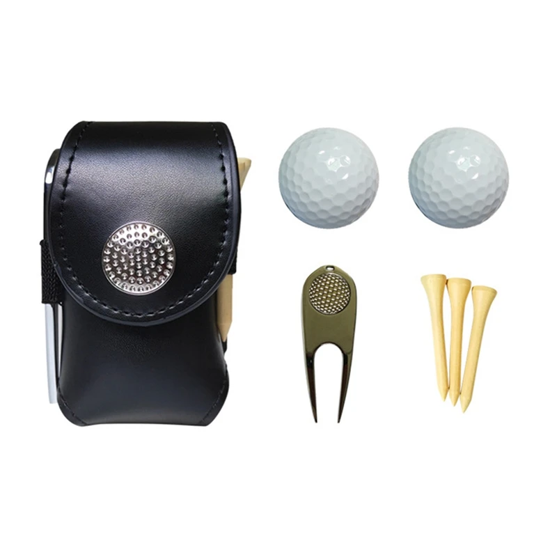 

PU Leather Golf Ball Pouch Bag Holder Pouch Waist Belt Storage Pocket with 3 Tees 1 Golf Divot Repair Tool Set