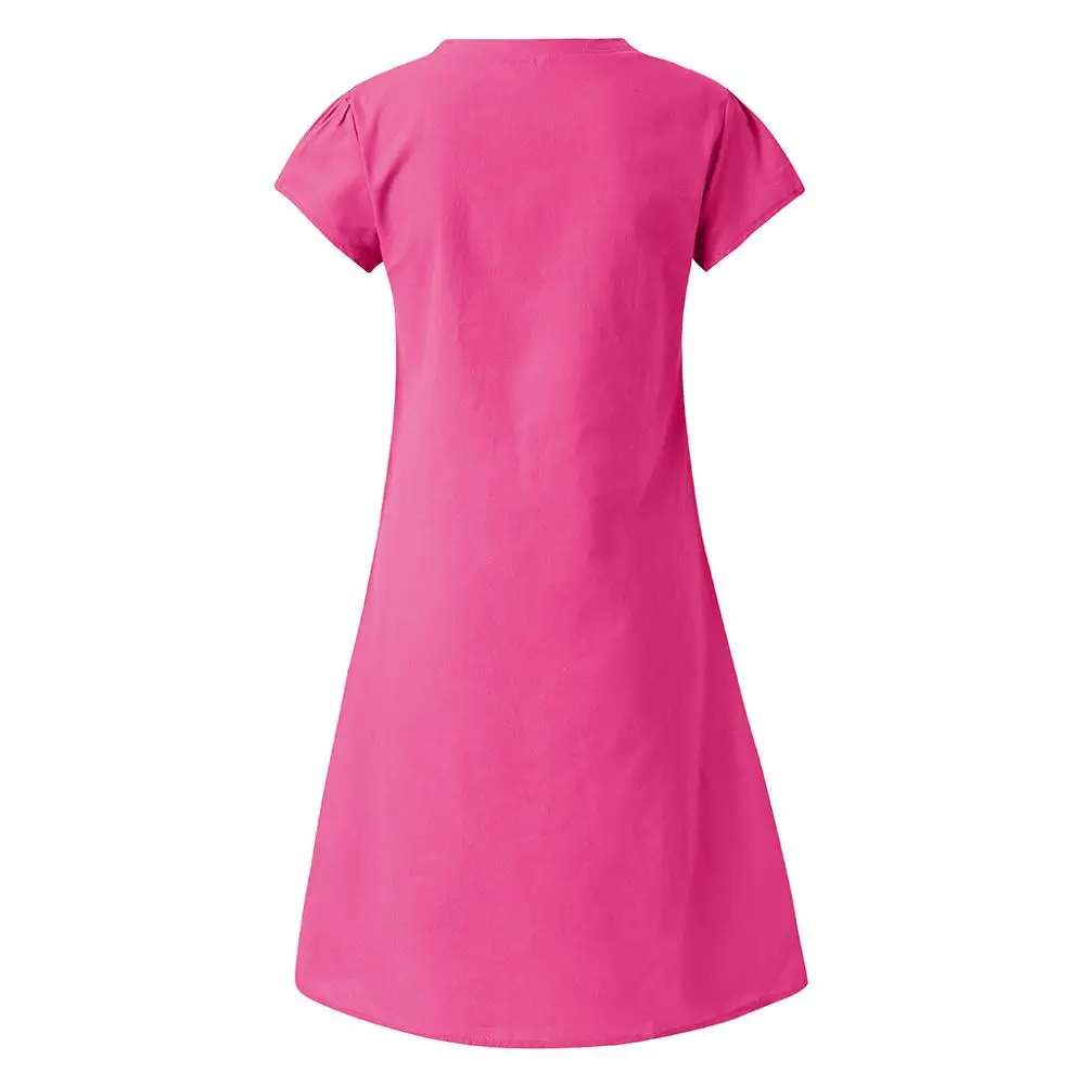 Hot Pink Casual Women V-Neck Cotton and Linen Dress 2019 New Summer Ladies T-shirt Plus Size Feminino Vestido A4 | Женская одежда