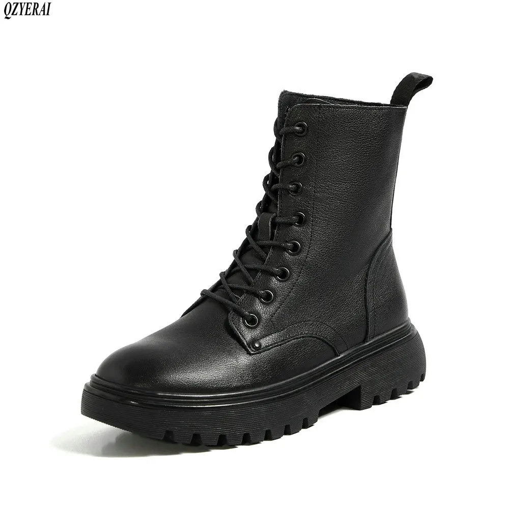 

New Women Ankle Boots Genuine Leather Lace-up Autumn Winter boot Woman Low heel flat Female Short Motorcycle boots Botas