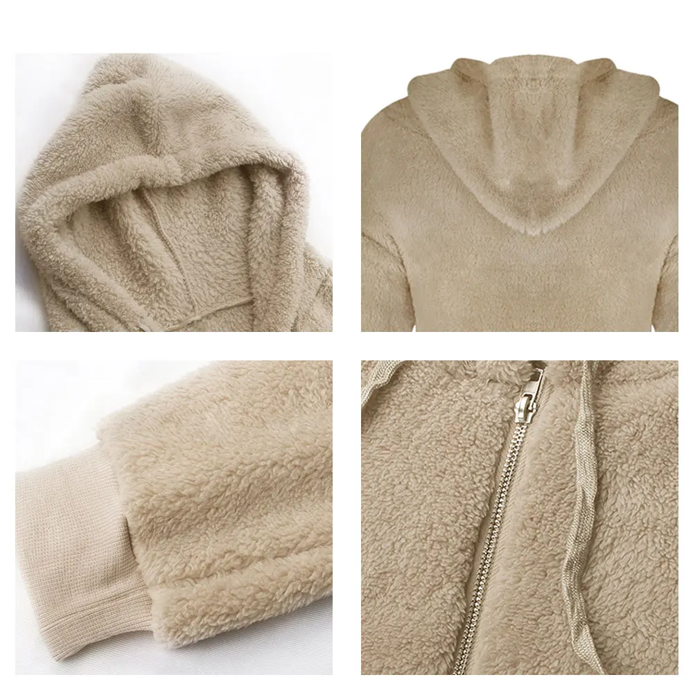 

Lady's Autumn Winter Pullover Sweatshirt Solid Hooded Coat Women Causal Plush Sweater Fashion V Neck Drawstring Zipper Tops 2021