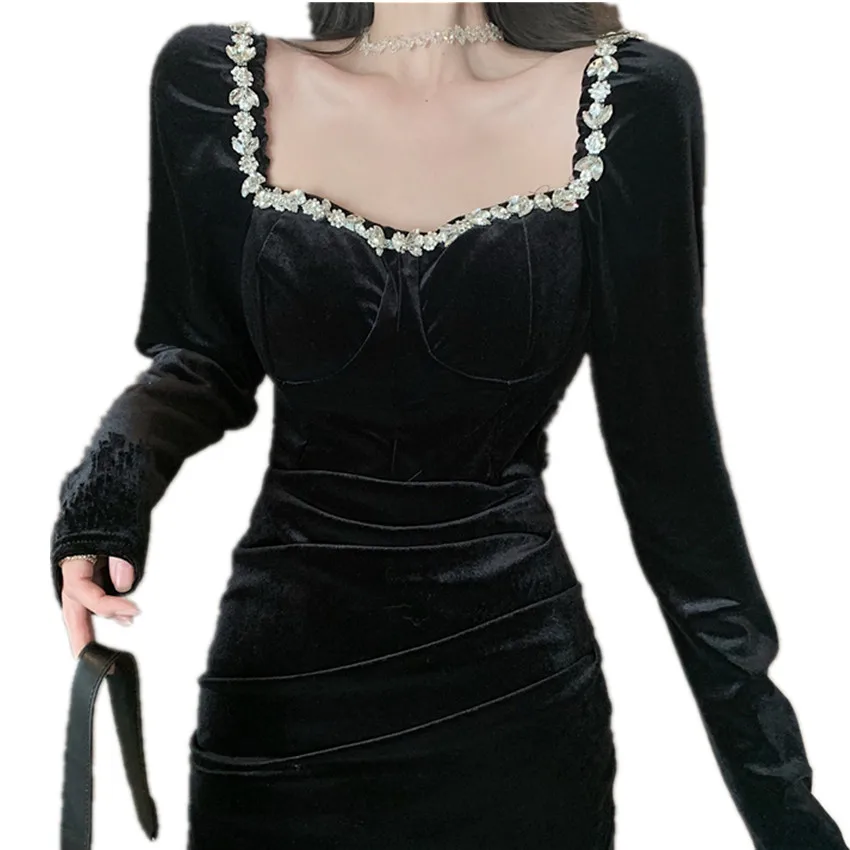 

Shining Heavy Industry Diamond velvet party dress women Square collar Slim Wrapped Hip Long Sleeve Dress