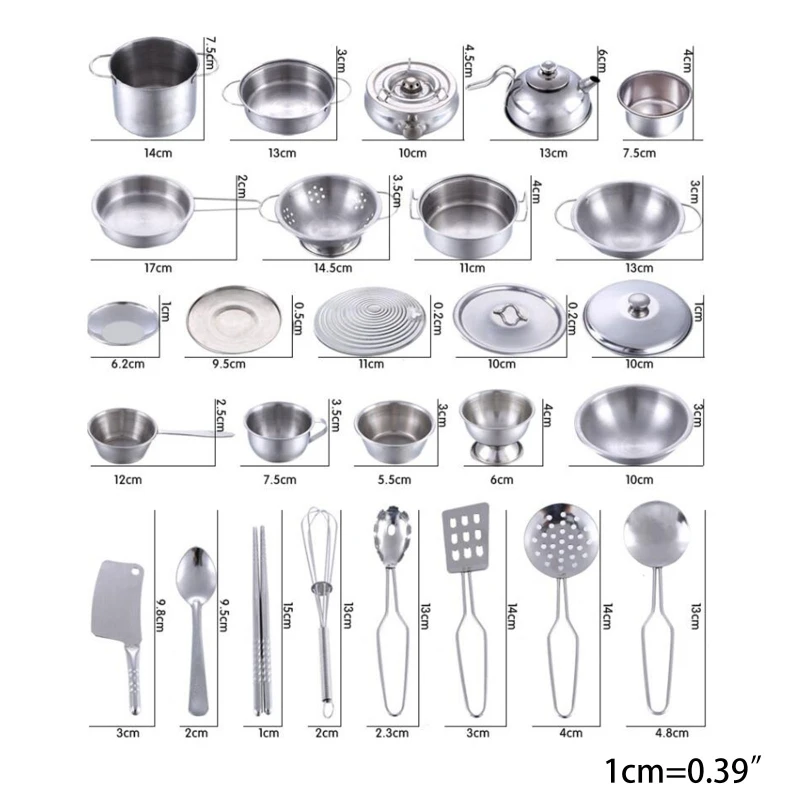 

25Pcs Stainless Steel Kids House Kitchen Toys Children Pretend Play Cookware Cooking Playset