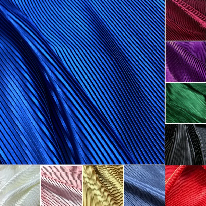 

Crepe Wrinkle Accordion Fold Pleated Satin Fabric Designer Plisse Cloth For Sewing Dress Black White Blue Green By Meter