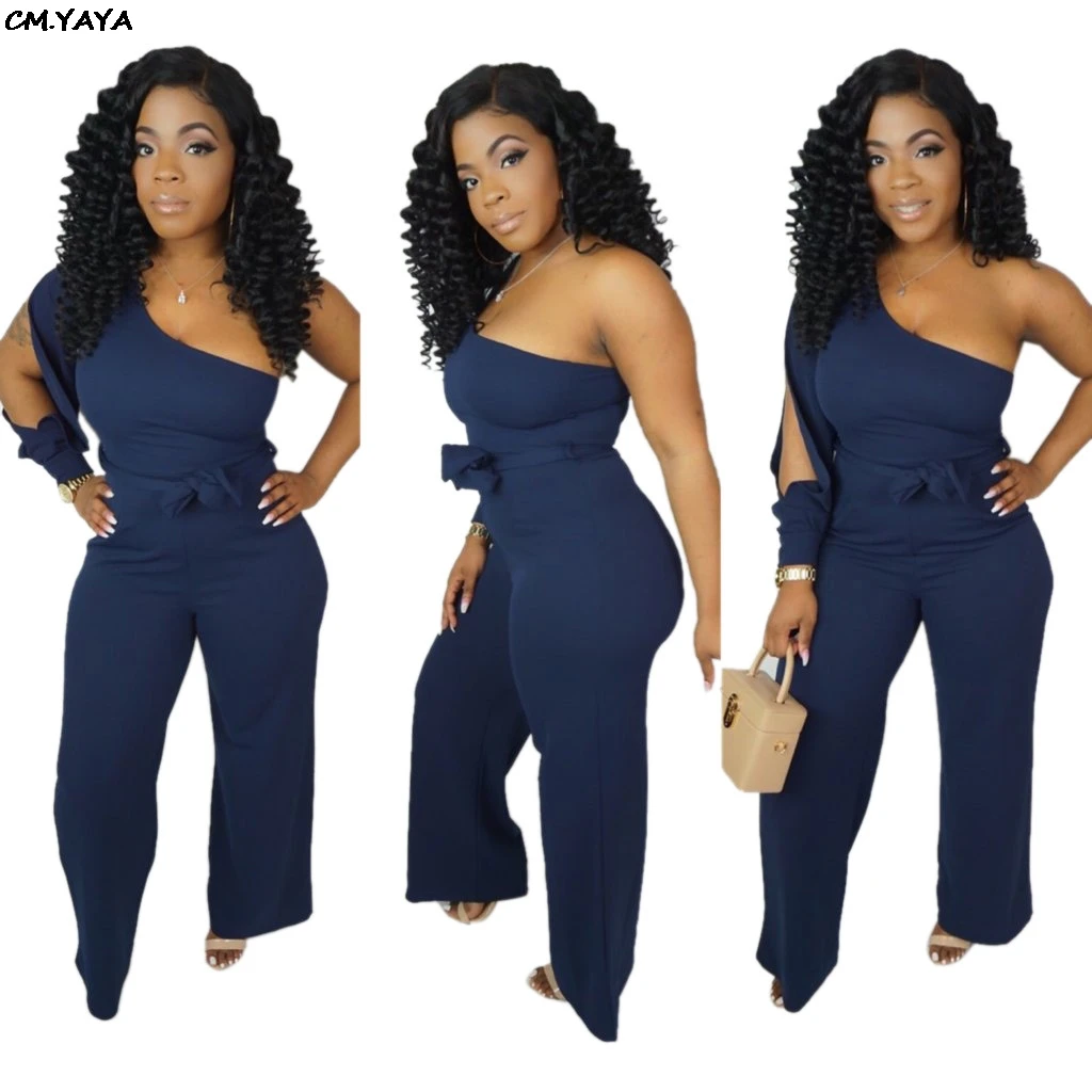 Женский прямой длинный комбинезон на одно плечо с вырезами и длинным рукавом