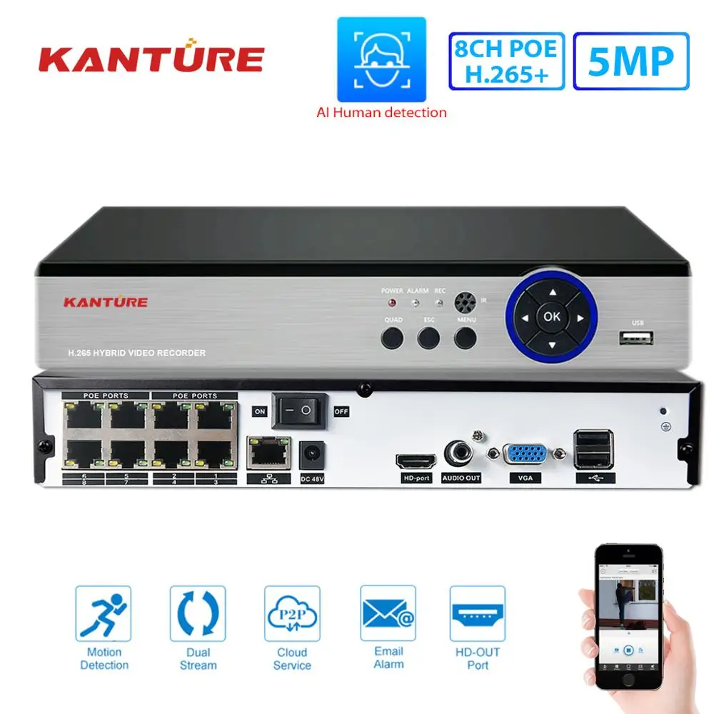 KANTURE H.265 + 8CH 5MP POE NVR рекордер AI face система видеонаблюдения 48В Система охранного