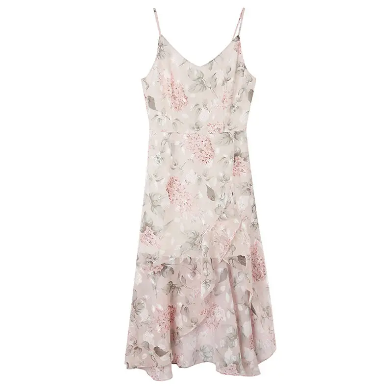 

Summer new suspender floral dress women's Ruffle show thin high waist temperament fairy skirt
