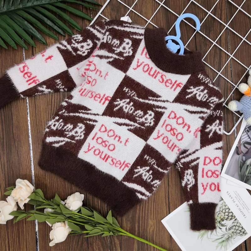 Теплый вязаный пуловер с молочным мехом для мальчиков свитер надписью | Мать и