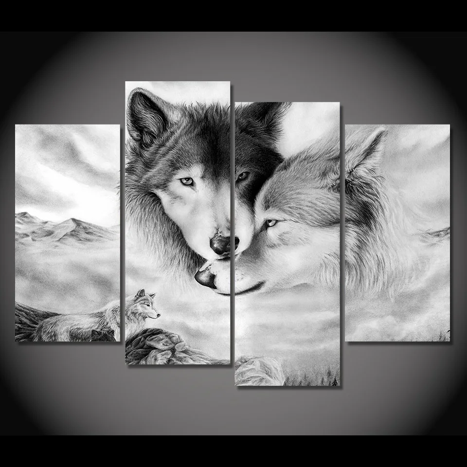 HD Printed Modern Canvas Living Room Pictures 4 Panel Wolves Snuggle Together Painting Wall Art Modular Poster Home Decor | Дом и сад