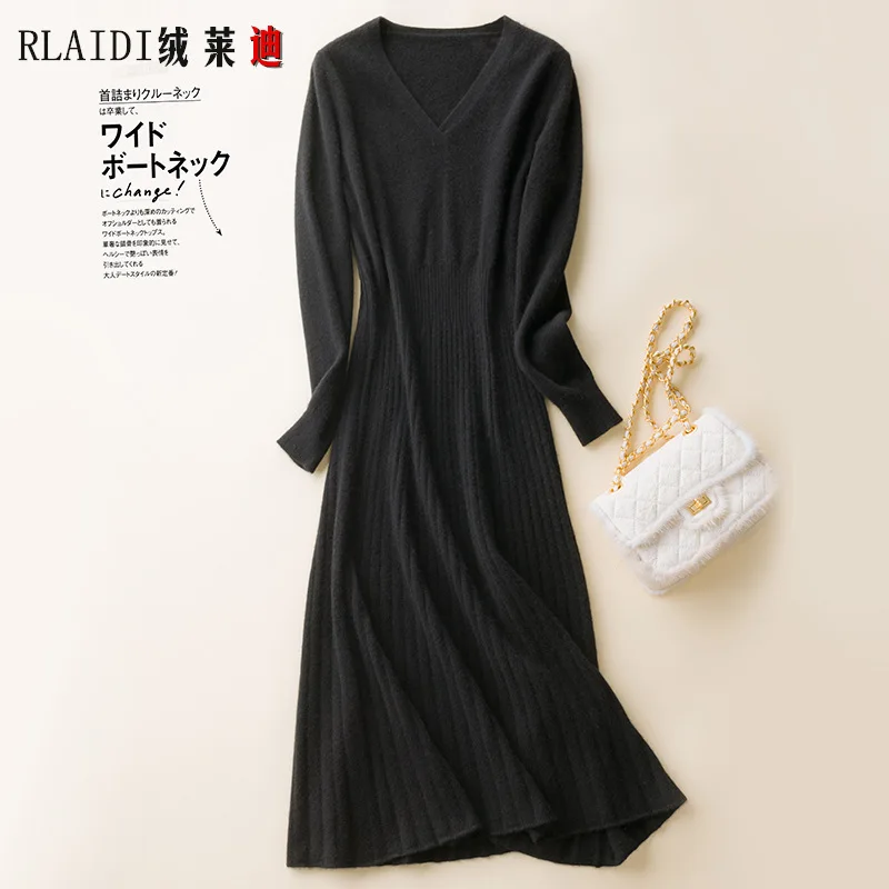 

Cashmere Leddy cashmere sweater women's 100 pure cashmere wool medium length over knee waist knitted sweater backing dress