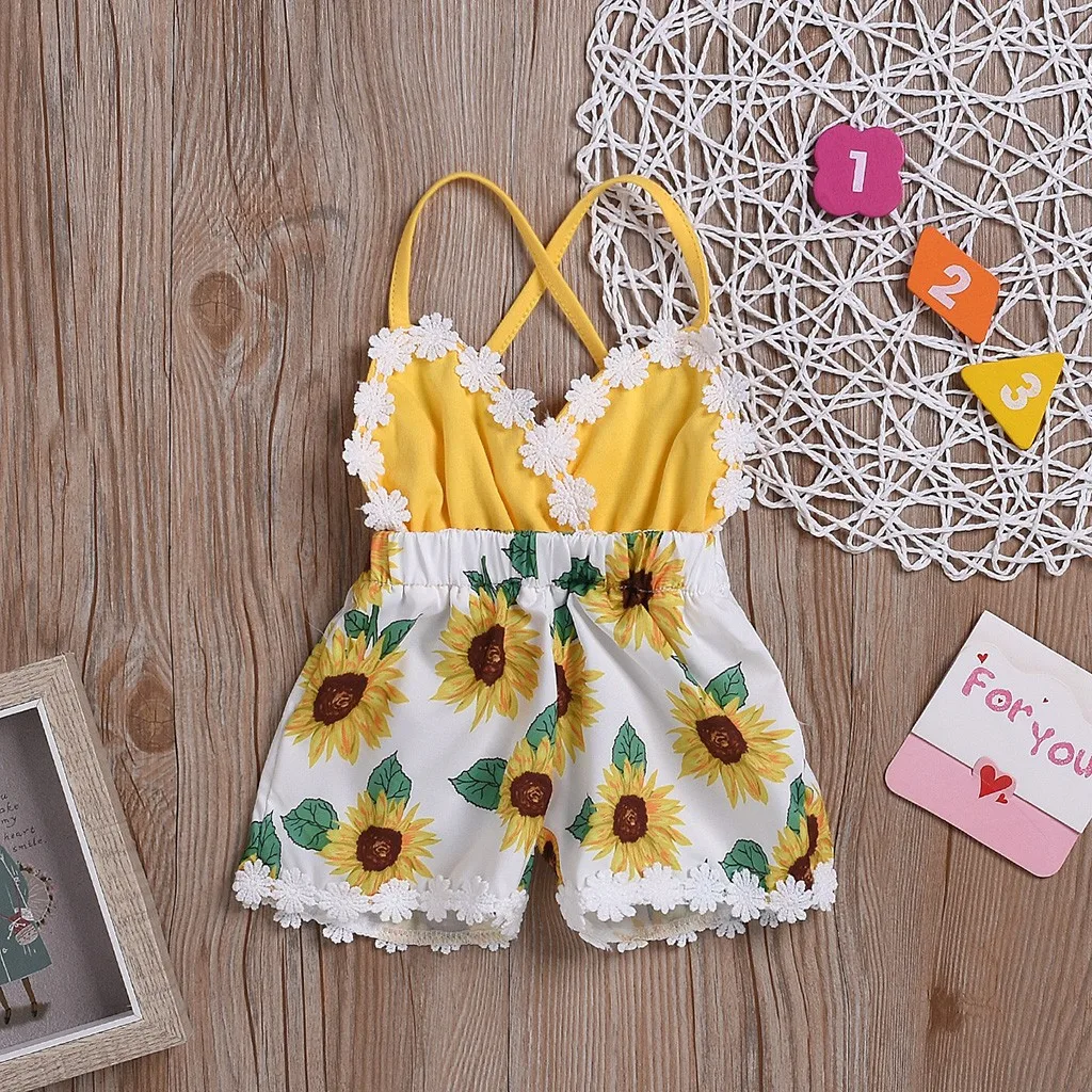 

TELOTUNY baby girl clothes Newborn Baby Girls Summer Sunflower Printed Lace Suspender Jumpsuit Bodysuit Shorts Babies 0-24M