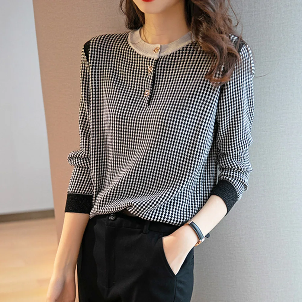 

2021 Women New Knitting Sweater Lattice Round Neck Splicing Korean Fashion Casual Autumn Winter Temperament Elegance