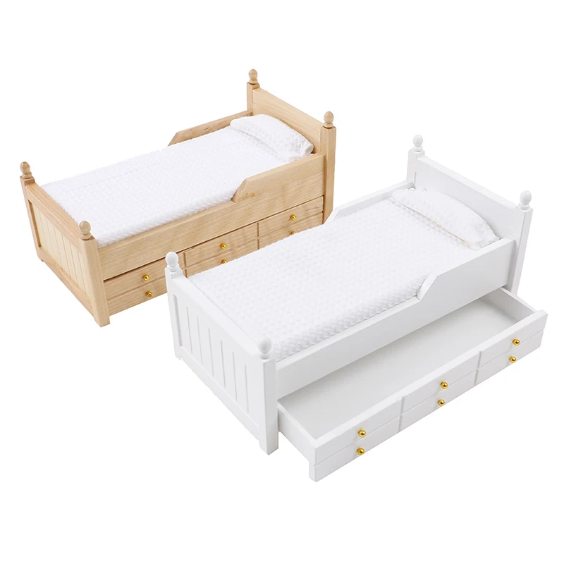 

1:12 миниатюрная деревянная кровать для кукольного домика с ящиком, имитация мебели для спальни, модель для украшения кукольного домика, Нови...