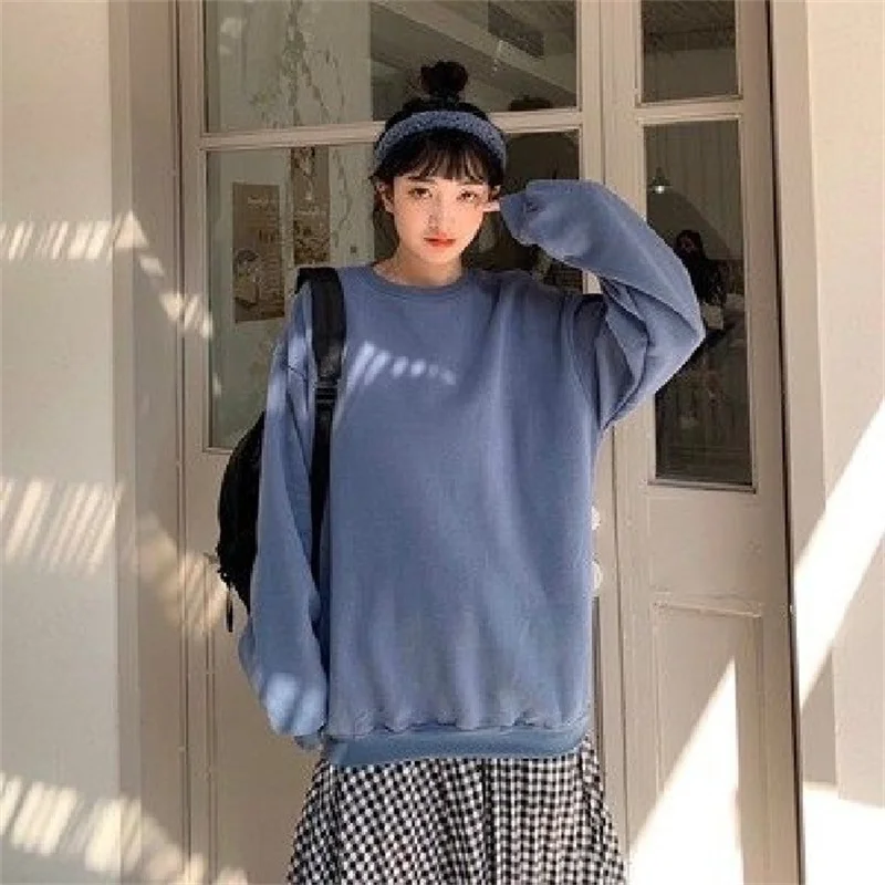 

Solid Color Women Sweatshirts Long Sleeve with Hood Loose Pullovers Female Tops Warm Women Fashion Vintage Tops Pullover