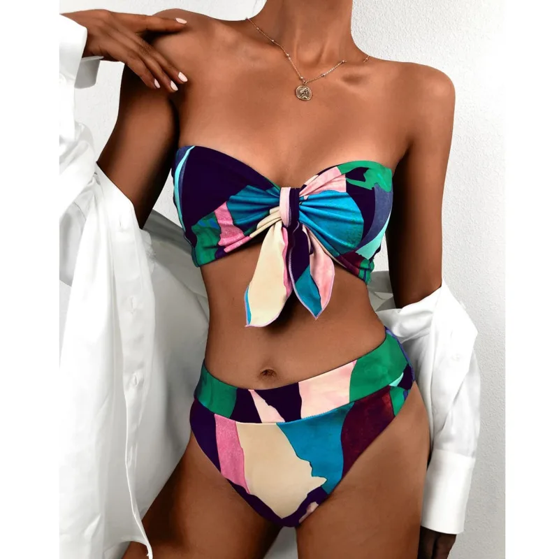 

Off Shoulder High Waist Bandeau Bikini Women's Swimmwear Print Biquini 2 Piece Swimsuit Beach Wear Sexy Bathing Suit 2021 New