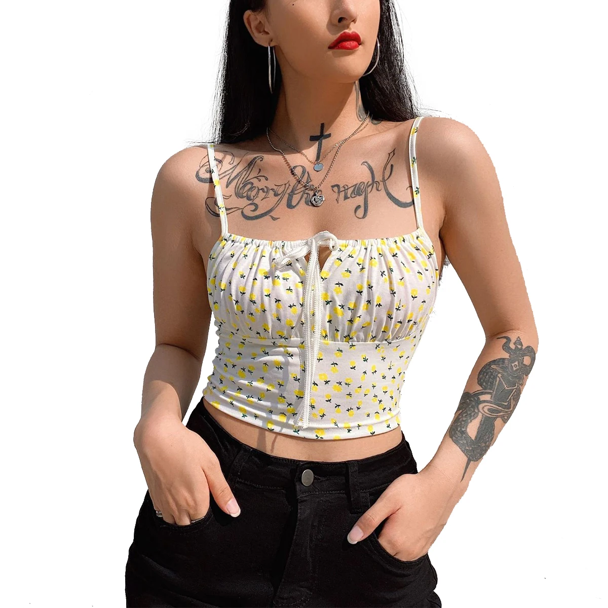 

Fashion Women Crop Top, Floral Printed Backless Sleeveless Strappy Tank Top, Spaghetti Strap Casual Wear