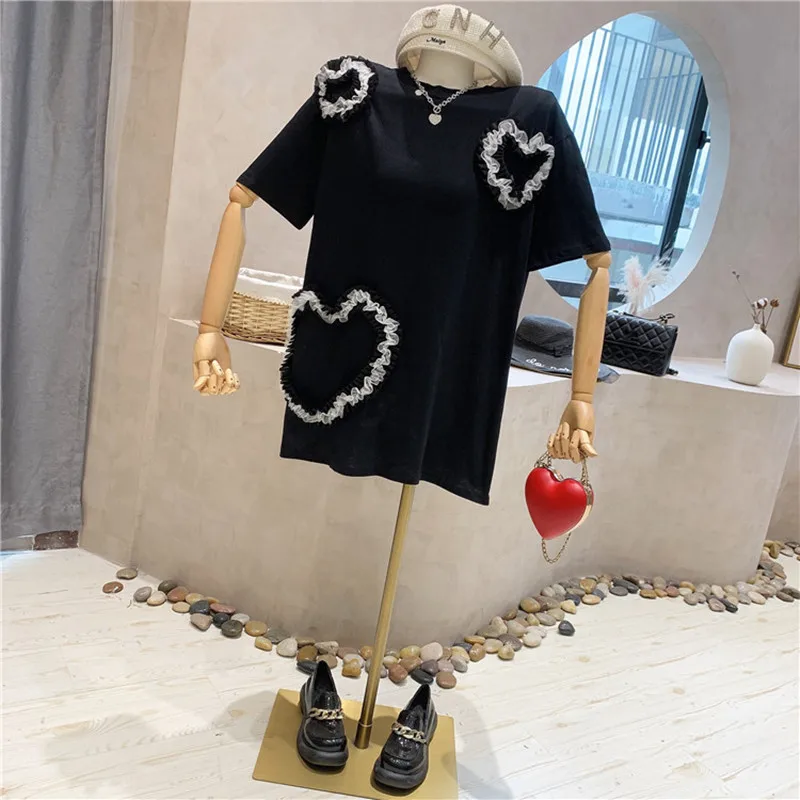 

Niche Design New Women's Clothing Summer 2021 Fashion Sweet Lace Mesh Love Stitching Fashion Sense Black Short Sleeve T-shirt