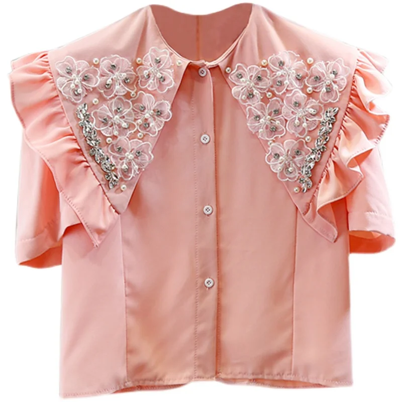 

2021 New Women Summer Blouse Tops Heavy Industry Diamond Sweet Flower Shirt Pleated Ruffles Lapel Chiffon All-Matching Shirts